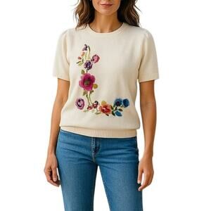 220 Hickory Cream Embroidered Floral Short Sleeve Sweater Top L Ramie Cotton
